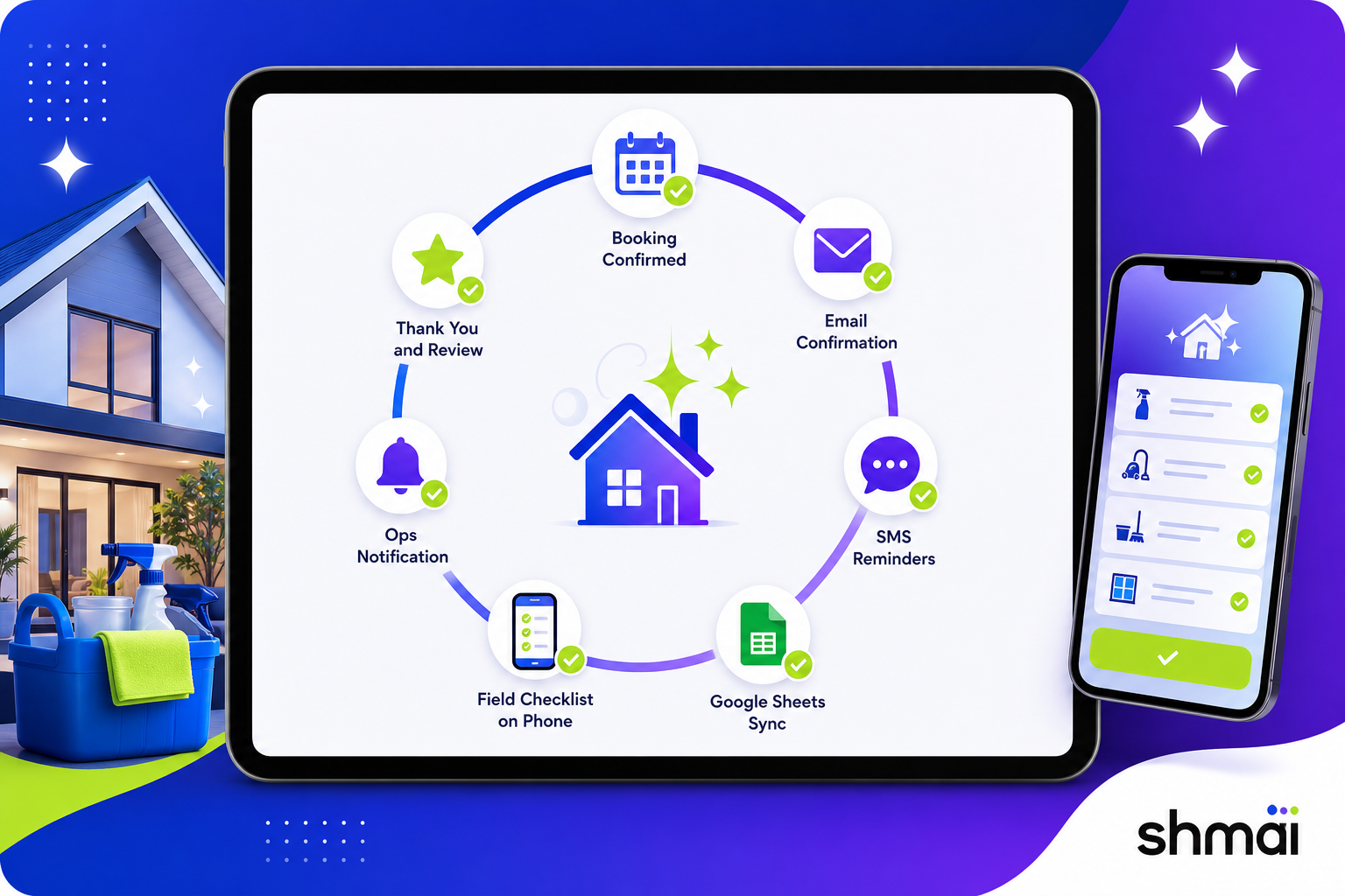 Cleaning job lifecycle automation on laptop and phone