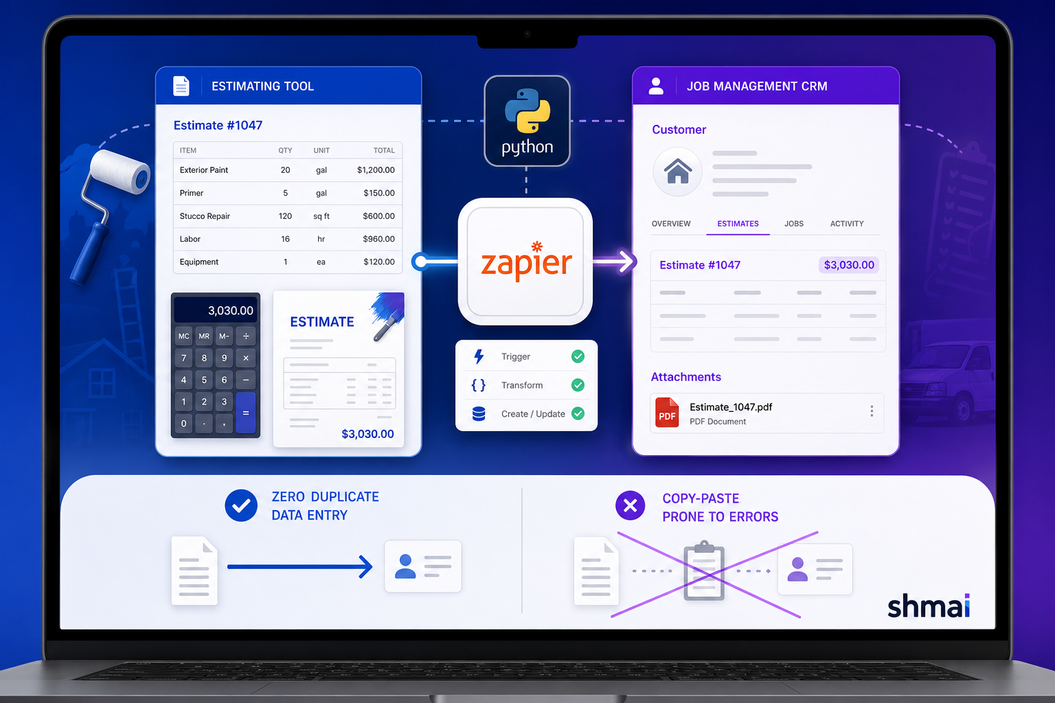 Estimate-to-job platform sync on laptop and phone