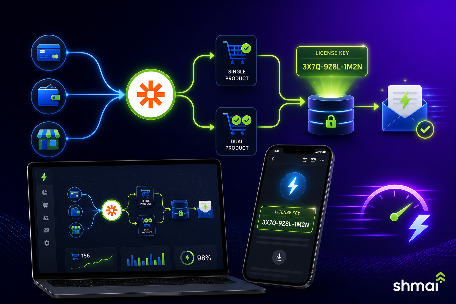 License key fulfillment automation on laptop and phone