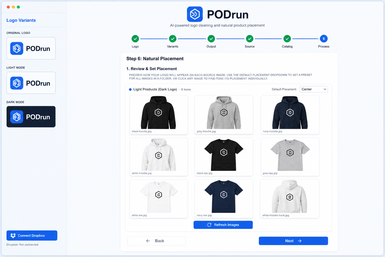 PODrun batch grid of hoodie mockups with the same logo placed consistently