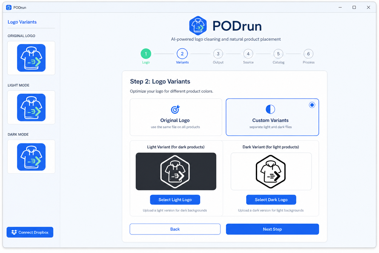 PODrun variants step: light logo on dark garments and dark logo on light garments