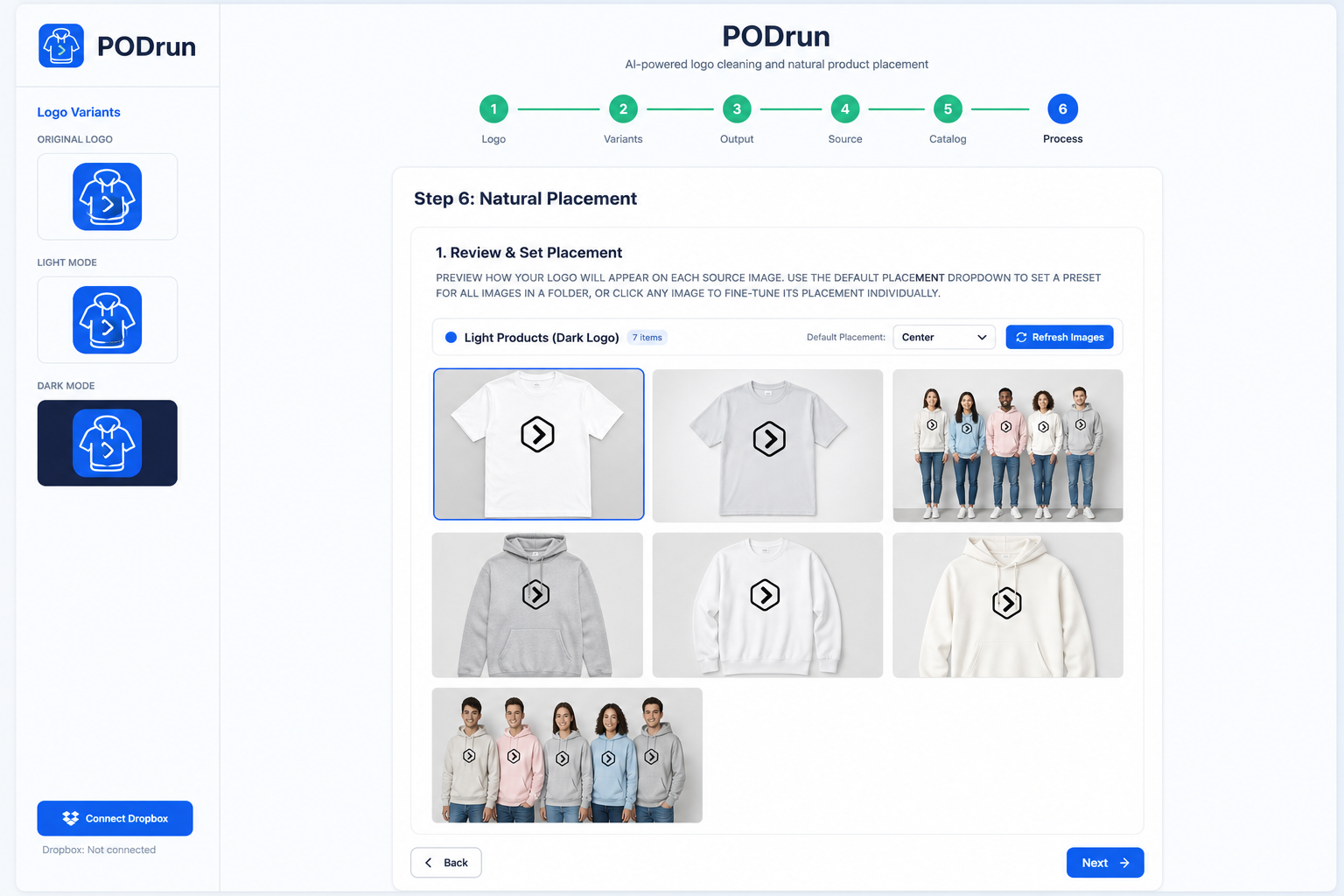 PODrun placement grid with a selected hoodie mockup