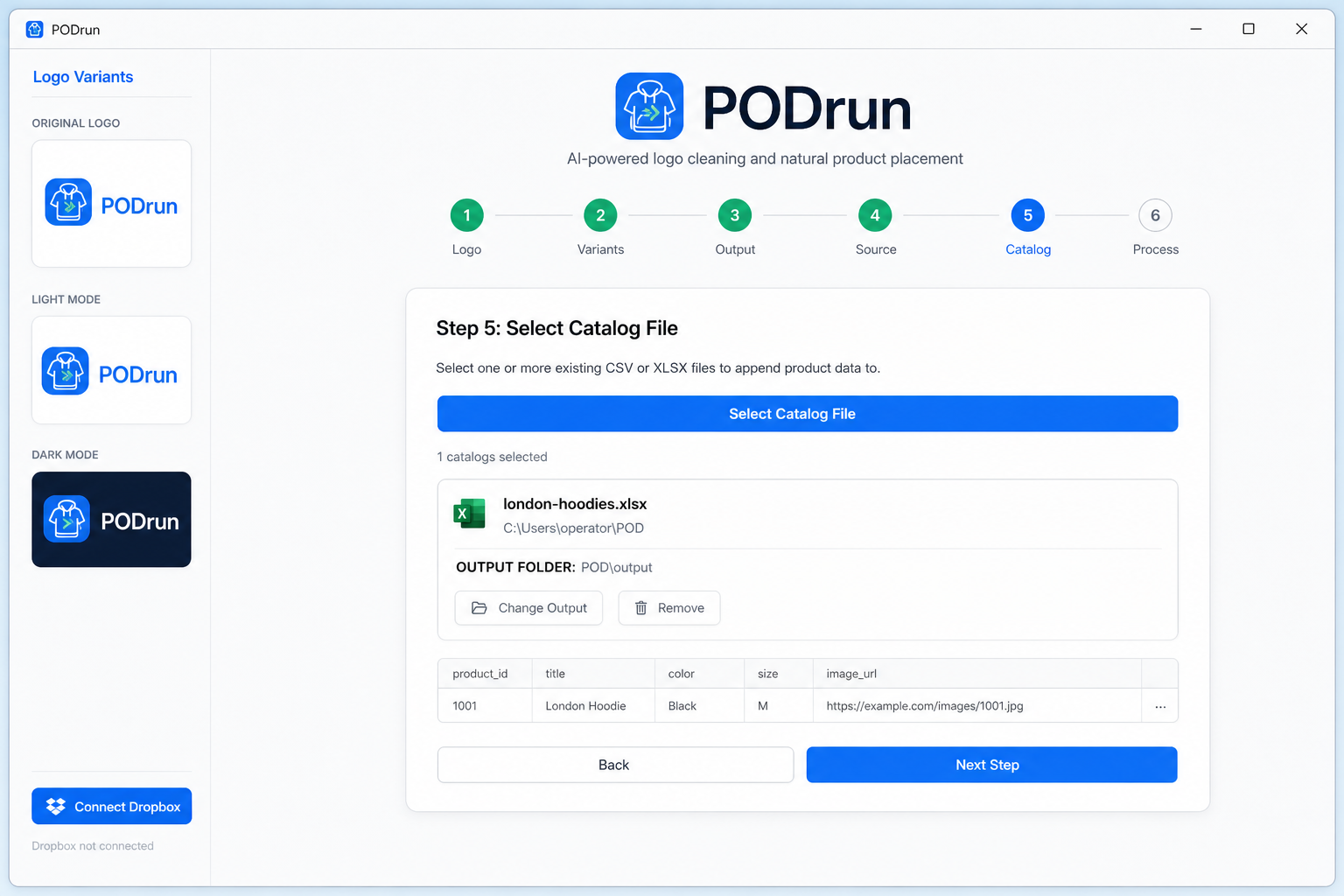 PODrun catalog step with Excel file selected and output folder