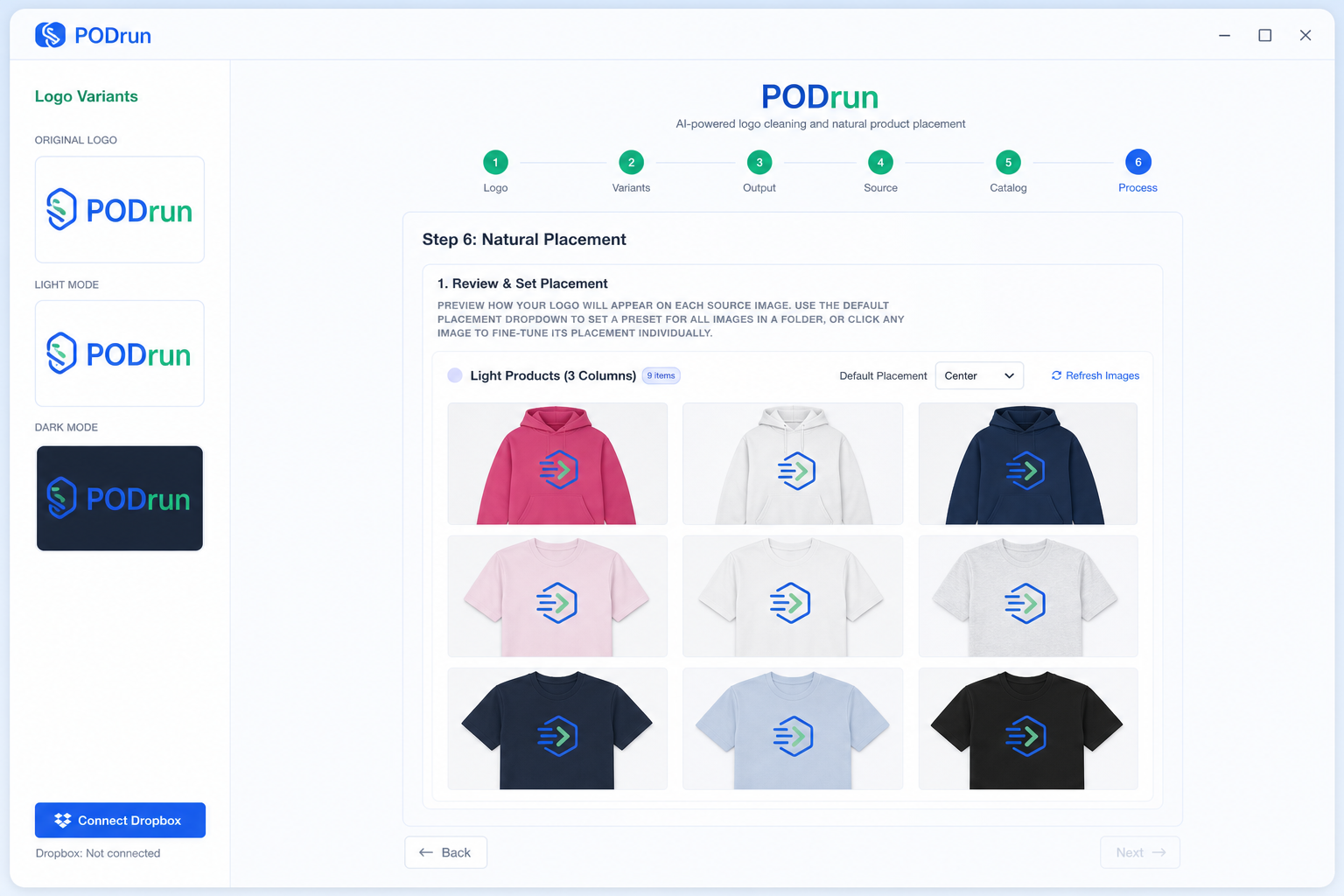 Mockup grid compositing the same logo onto tees
