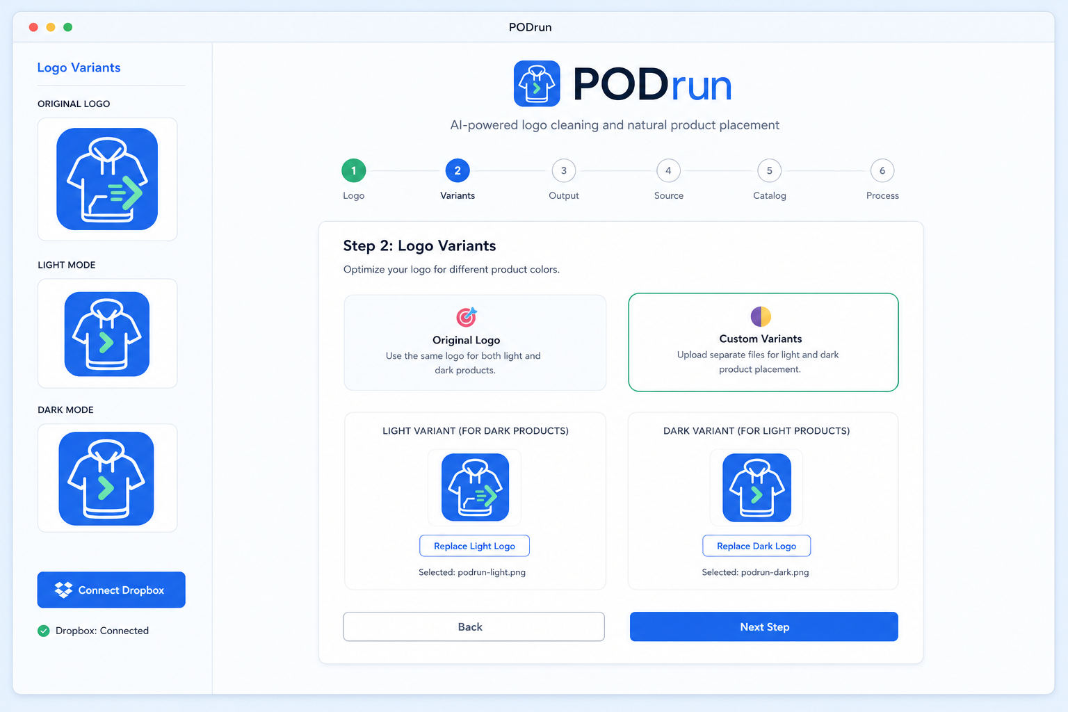 Dropbox connect control in the Logo Variants sidebar
