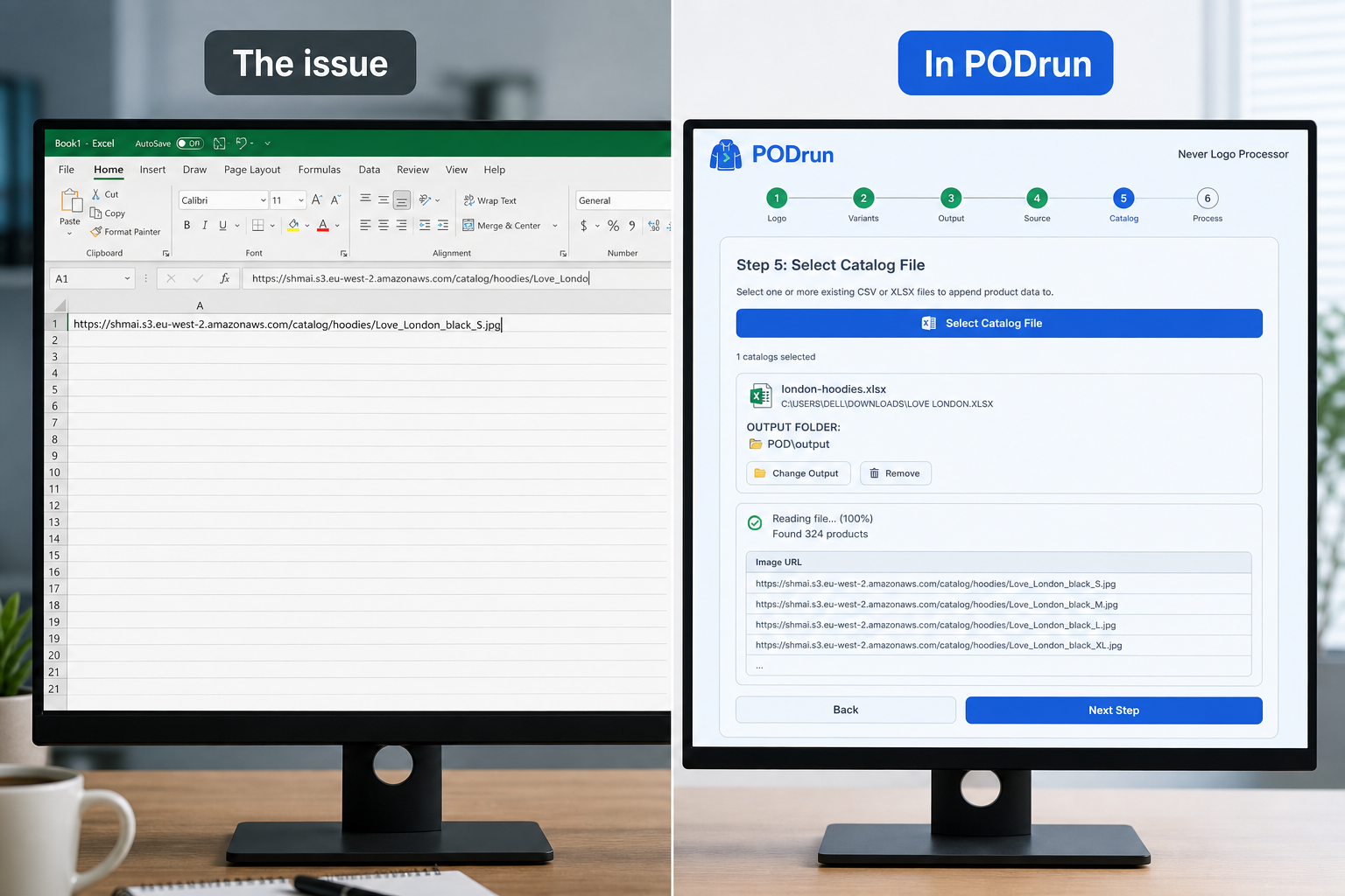 Issue: pasting URLs into Excel. In PODrun: catalog file selected
