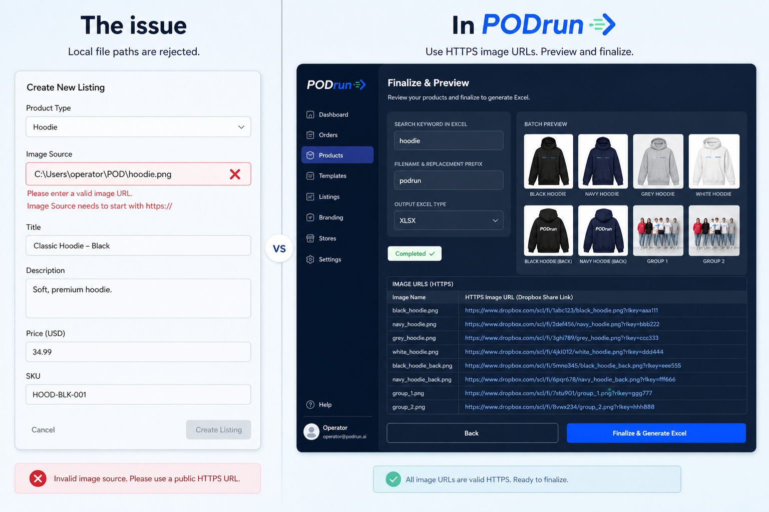 Issue: a local C path rejected. In PODrun: https Dropbox URLs