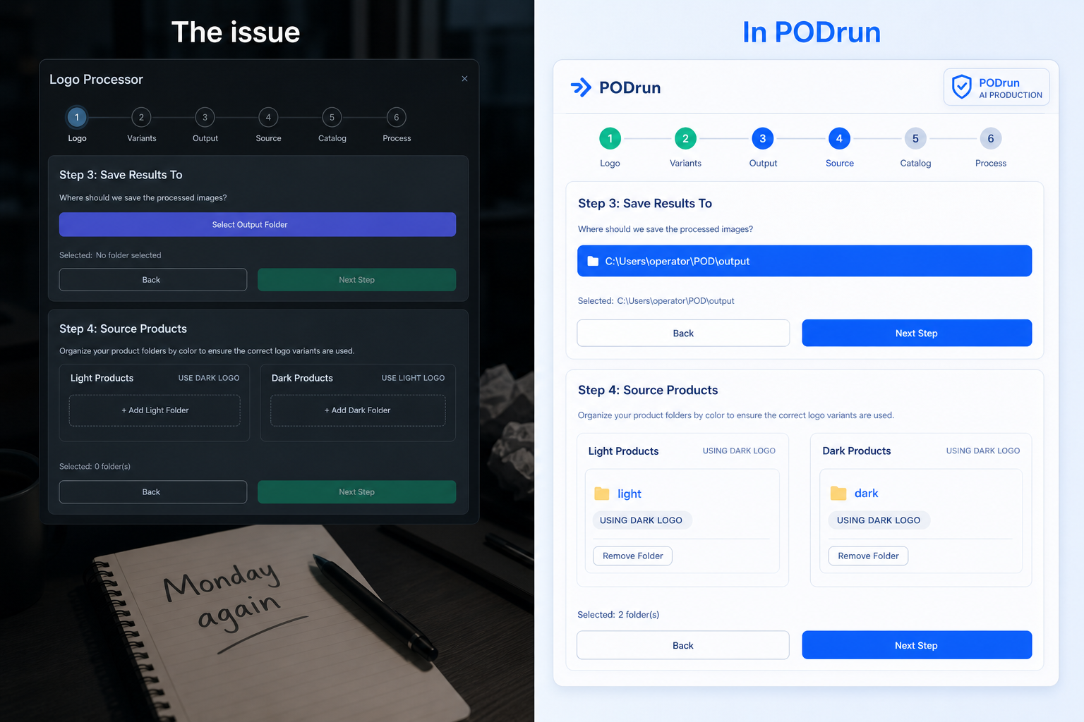 Issue: blank Monday setup. In PODrun: folders already loaded