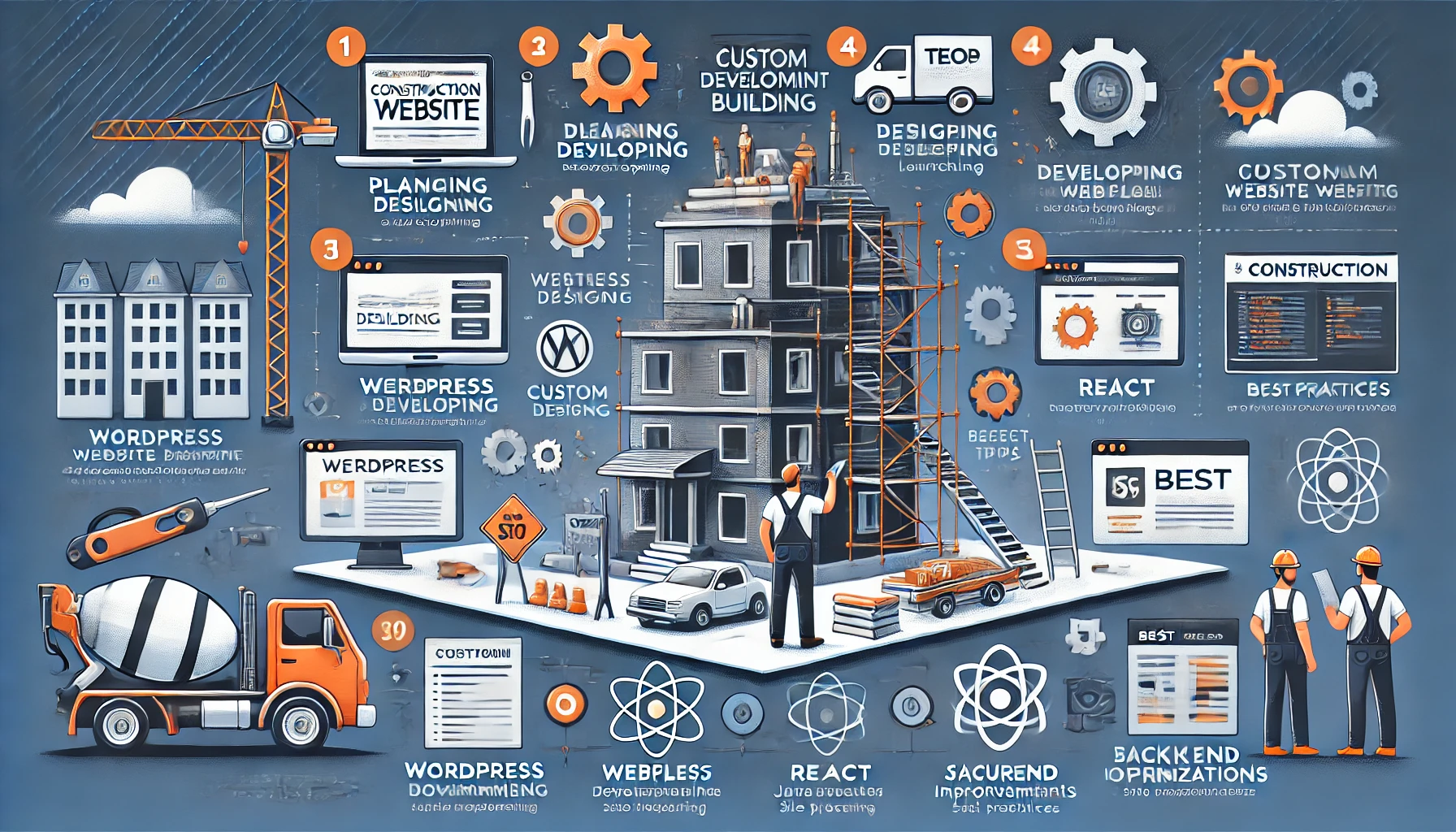 Steps and tools for building and customizing construction websites.