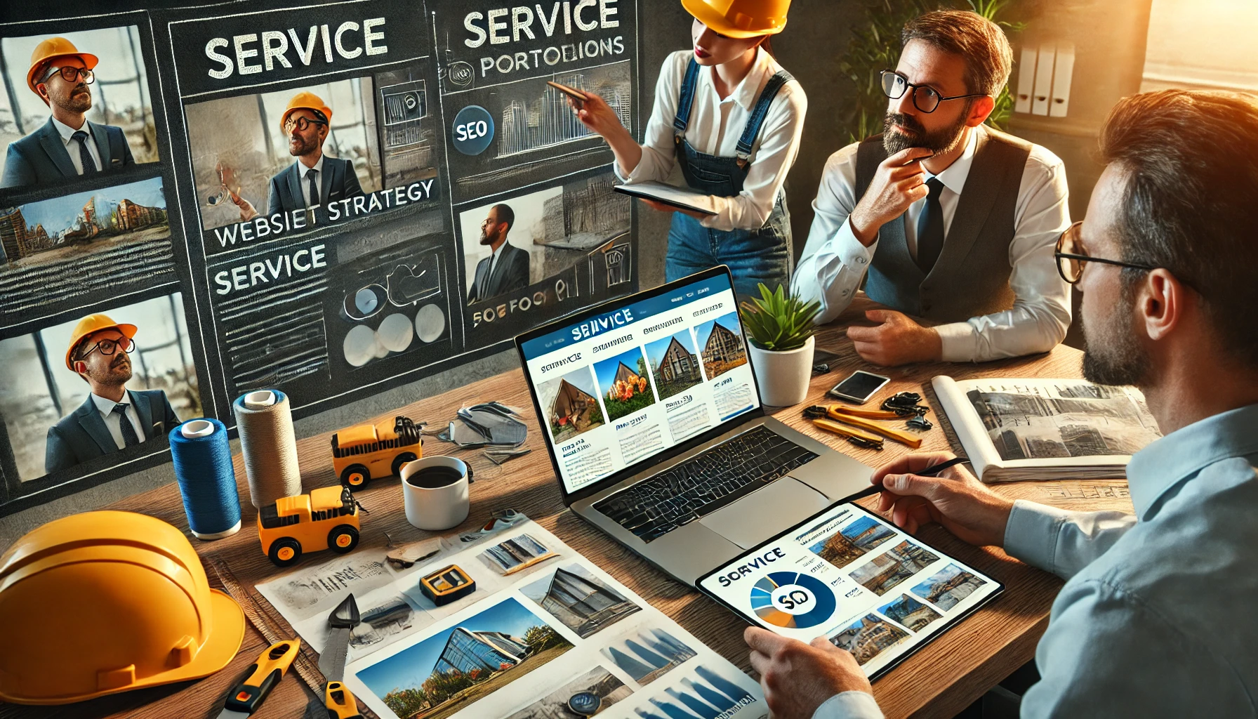 Examples of specialized construction website content, including portfolios and visuals.