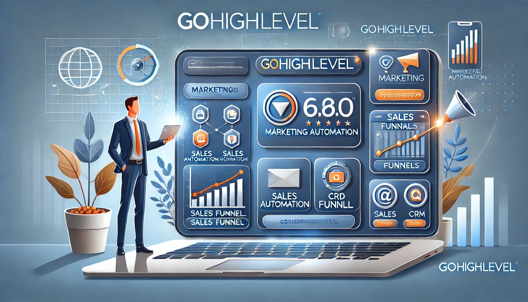 GoHighLevel platform overview showing CRM, automation, and funnel features.